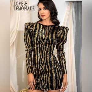 NWT LOVE&LEMONADE Animal Print Gigot Sleeve Backless Sequin Mini Dress Sz S NYE